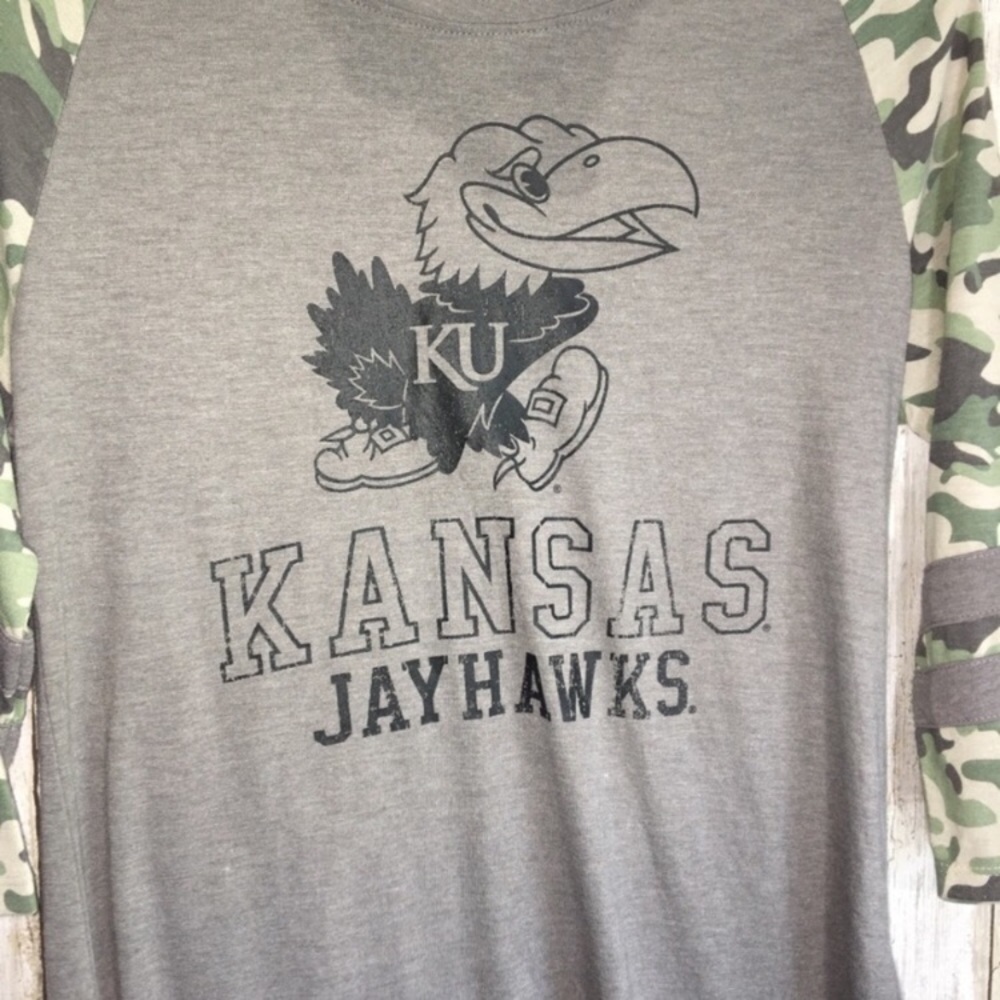 Kansas Jayhawks Camo Raglan Tee Women’s Small NWT KU Game Day Shirt - Picture 2 of 5